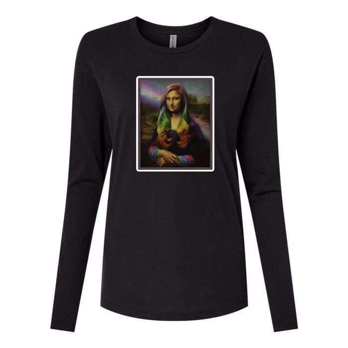 Rainbow Mona Lisa Art Painting Womens Cotton Relaxed Long Sleeve T-Shirt