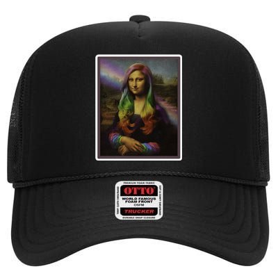 Rainbow Mona Lisa Art Painting High Crown Mesh Back Trucker Hat