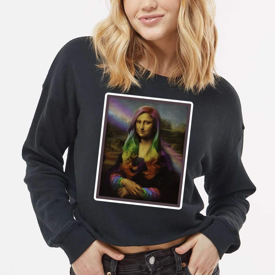 Rainbow Mona Lisa Art Painting Cropped Pullover Crew