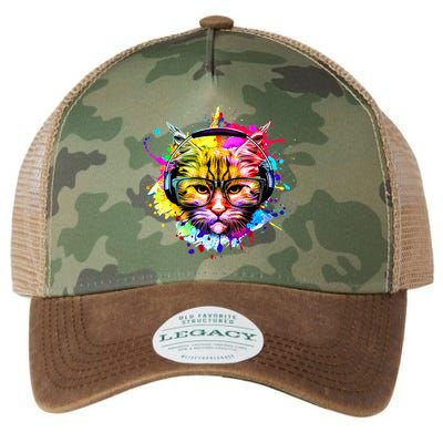 Rainbow Paint Hipster DJ Cat Legacy Tie Dye Trucker Hat