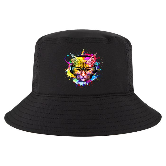 Rainbow Paint Hipster DJ Cat Cool Comfort Performance Bucket Hat