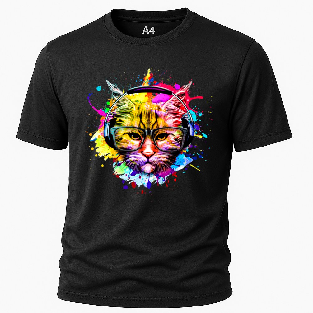 Rainbow Paint Hipster DJ Cat Cooling Performance Crew T-Shirt