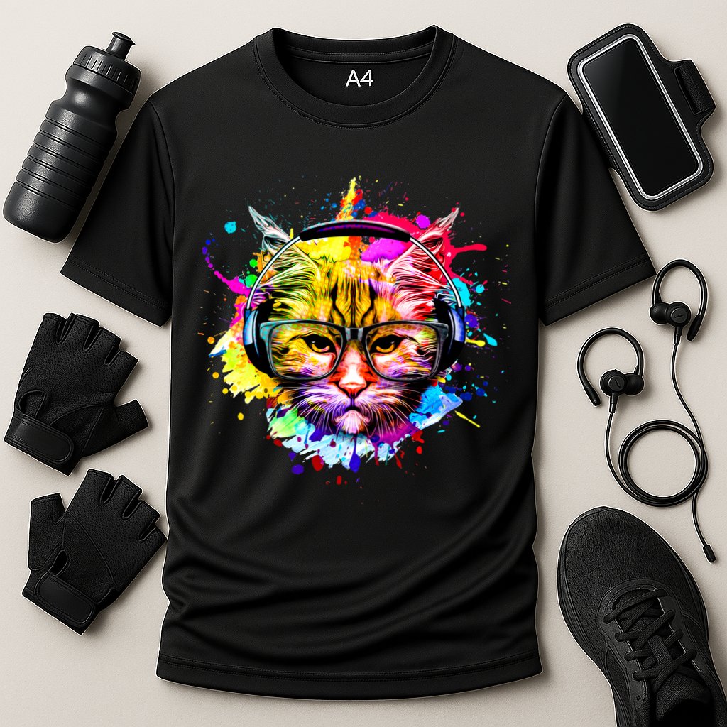 Rainbow Paint Hipster DJ Cat Cooling Performance Crew T-Shirt