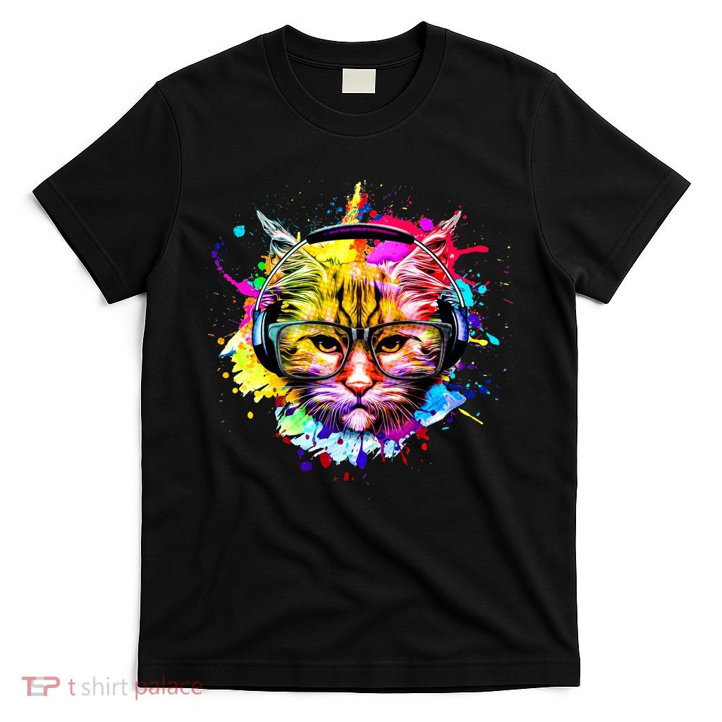 Rainbow Paint Hipster DJ Cat T-Shirt