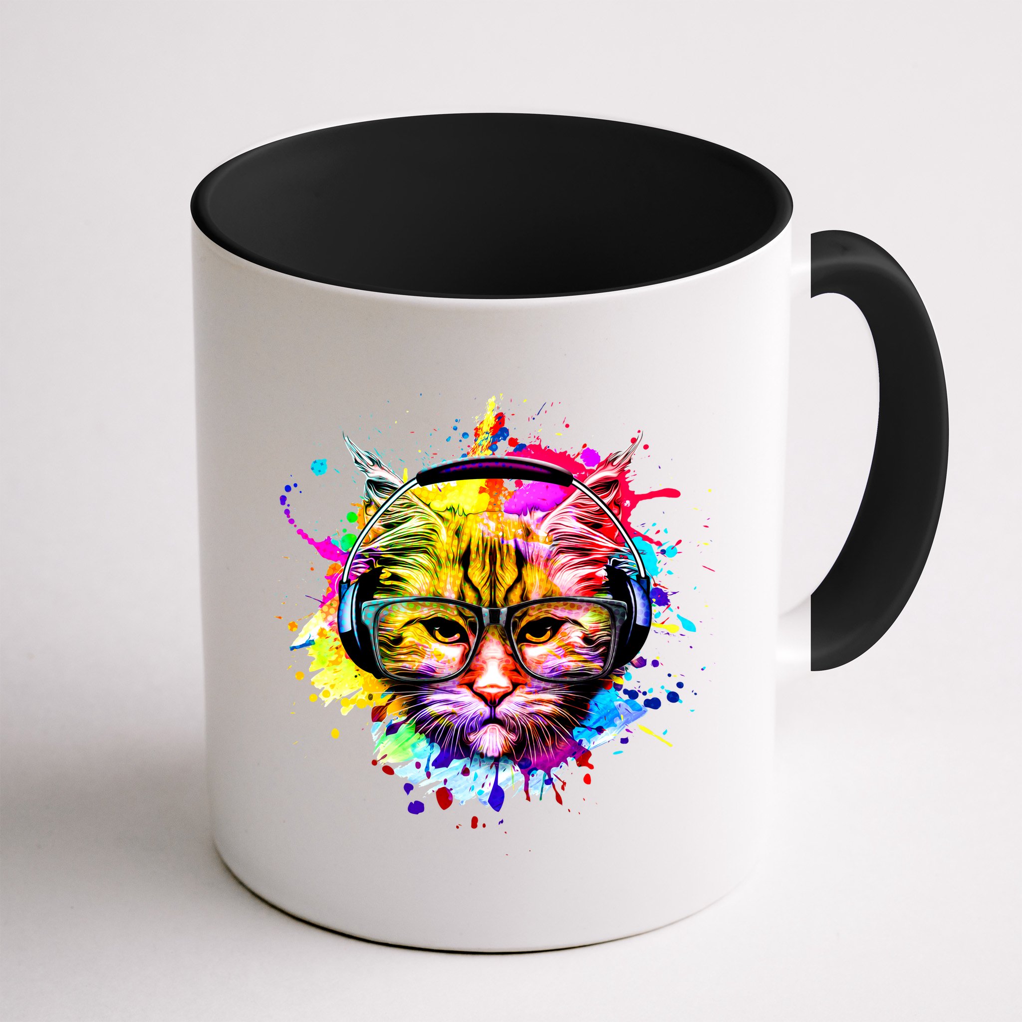 Rainbow Paint Hipster DJ Cat Mug
