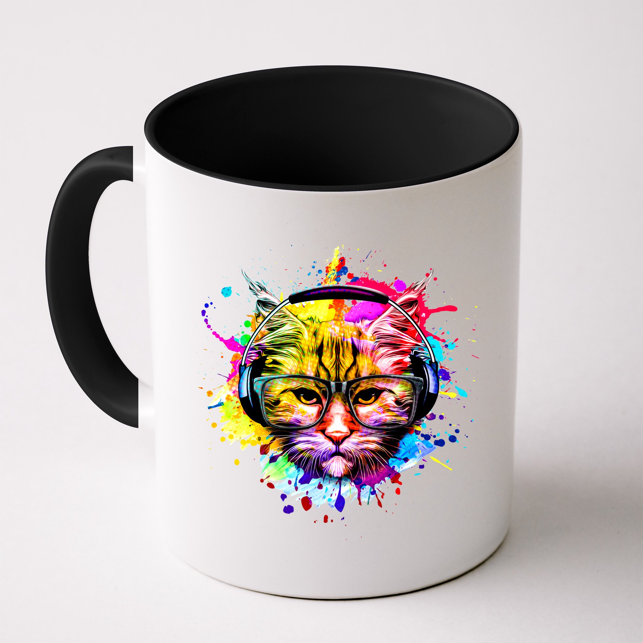 Rainbow Paint Hipster DJ Cat Mug