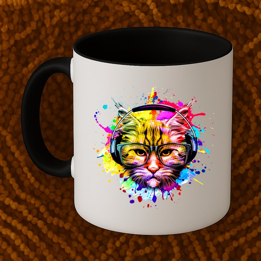 Rainbow Paint Hipster DJ Cat Mug