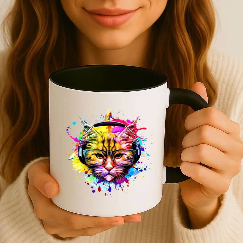 Rainbow Paint Hipster DJ Cat Mug