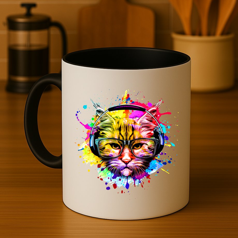 Rainbow Paint Hipster DJ Cat Mug