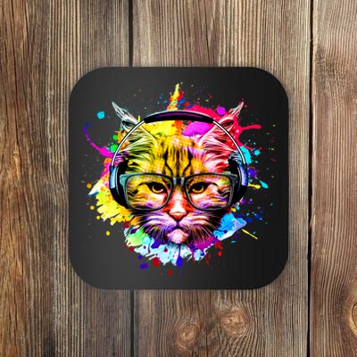 Rainbow Paint Hipster DJ Cat Coaster