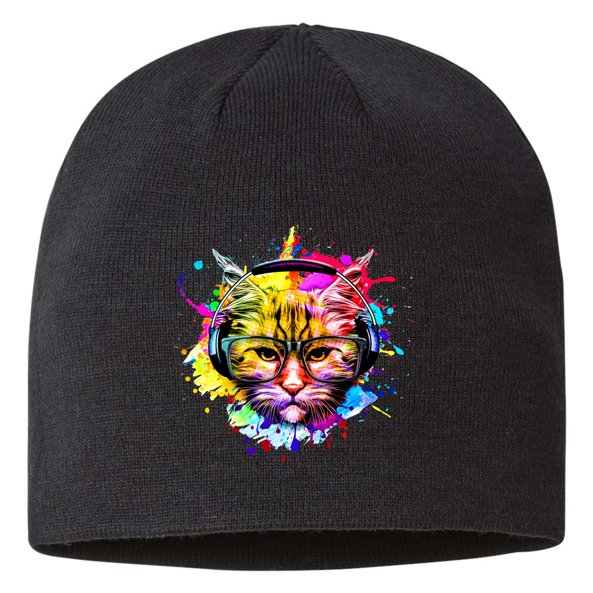 Rainbow Paint Hipster DJ Cat Sustainable Beanie