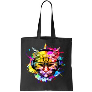 Rainbow Paint Hipster DJ Cat Tote Bag