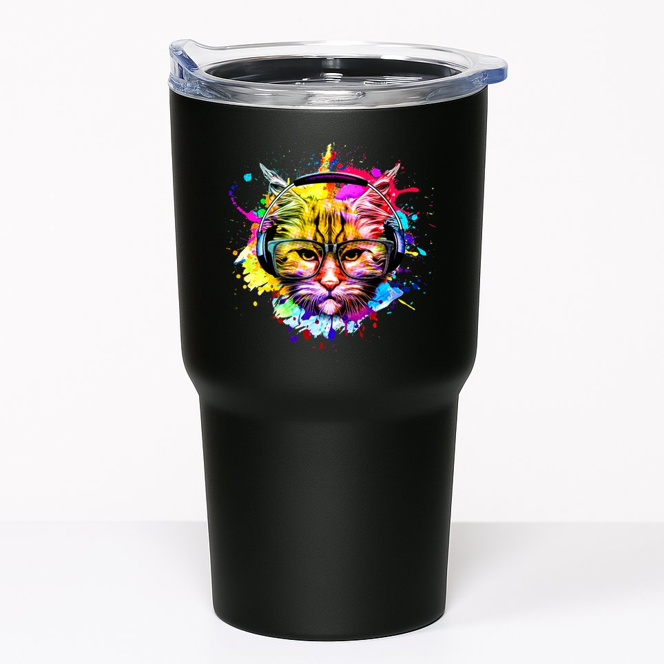 Rainbow Paint Hipster DJ Cat Tumbler
