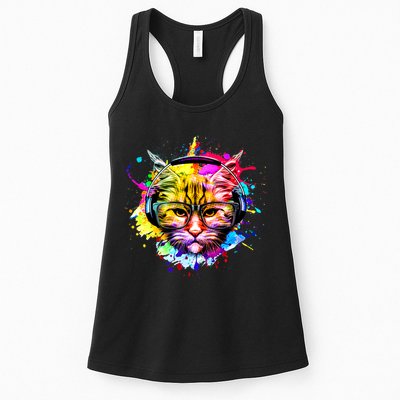 Rainbow Paint Hipster DJ Cat Womens Tank Top