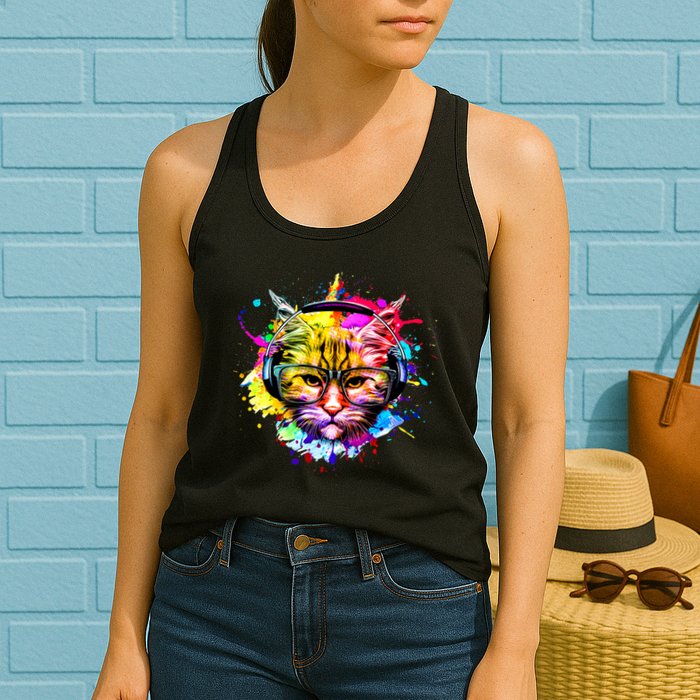 Rainbow Paint Hipster DJ Cat Womens Tank Top