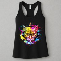 Rainbow Paint Hipster DJ Cat Womens Tank Top