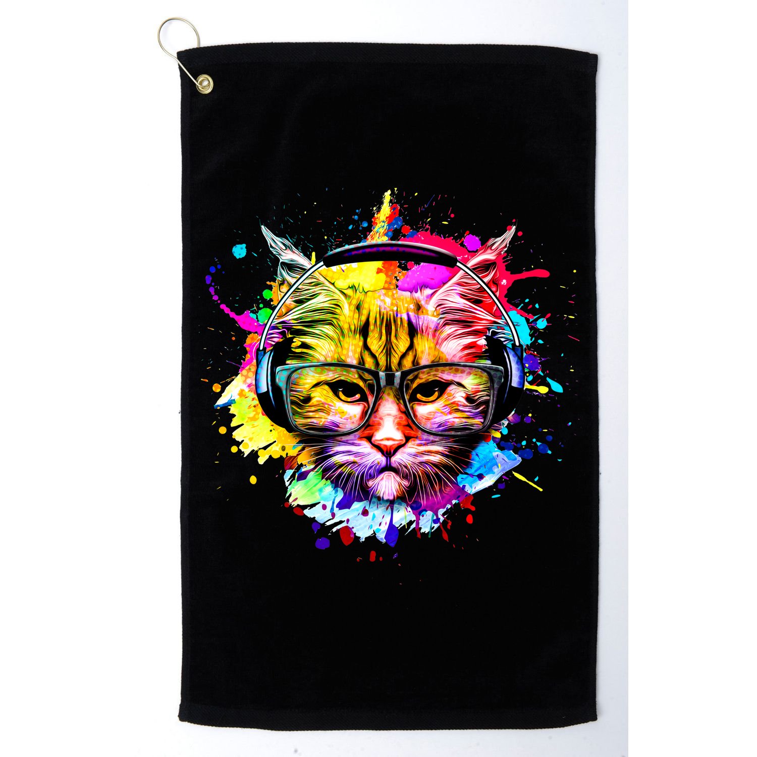 Rainbow Paint Hipster DJ Cat Golf Towel