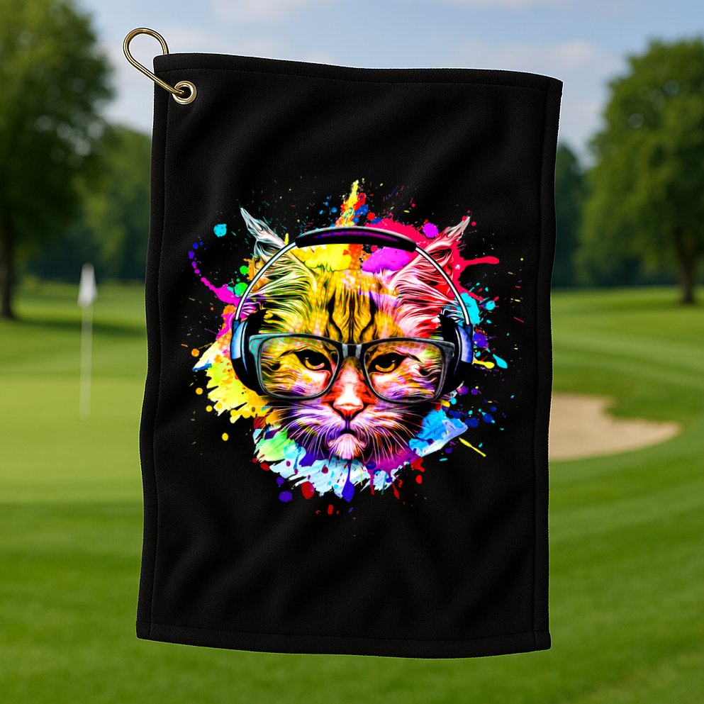 Rainbow Paint Hipster DJ Cat Golf Towel
