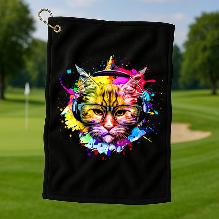 Rainbow Paint Hipster DJ Cat Golf Towel