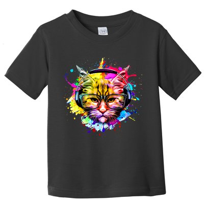 Rainbow Paint Hipster DJ Cat Toddler T-Shirt