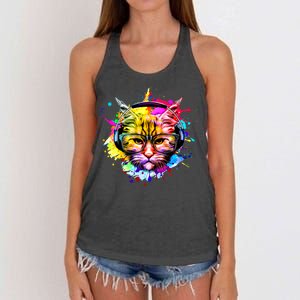 Rainbow Paint Hipster DJ Cat Women's Knotted Racerback Tank