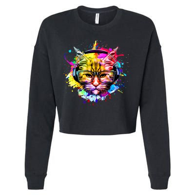 Rainbow Paint Hipster DJ Cat Cropped Pullover Crew