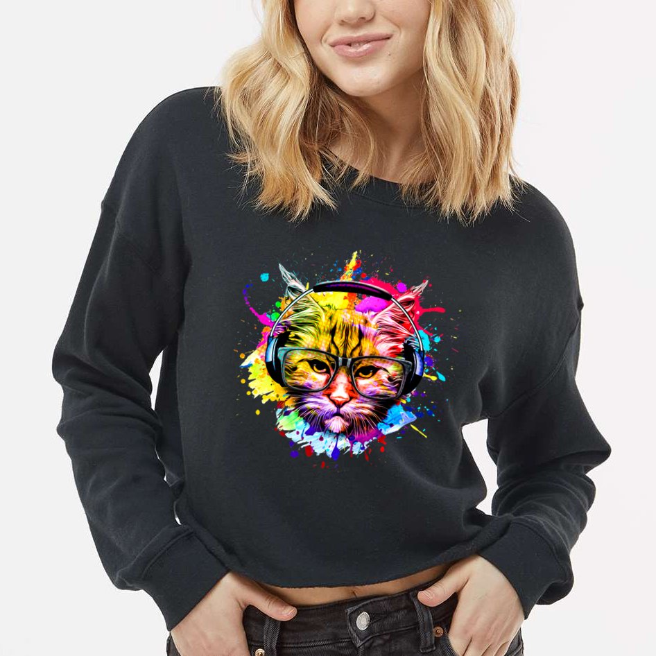 Rainbow Paint Hipster DJ Cat Cropped Pullover Crew