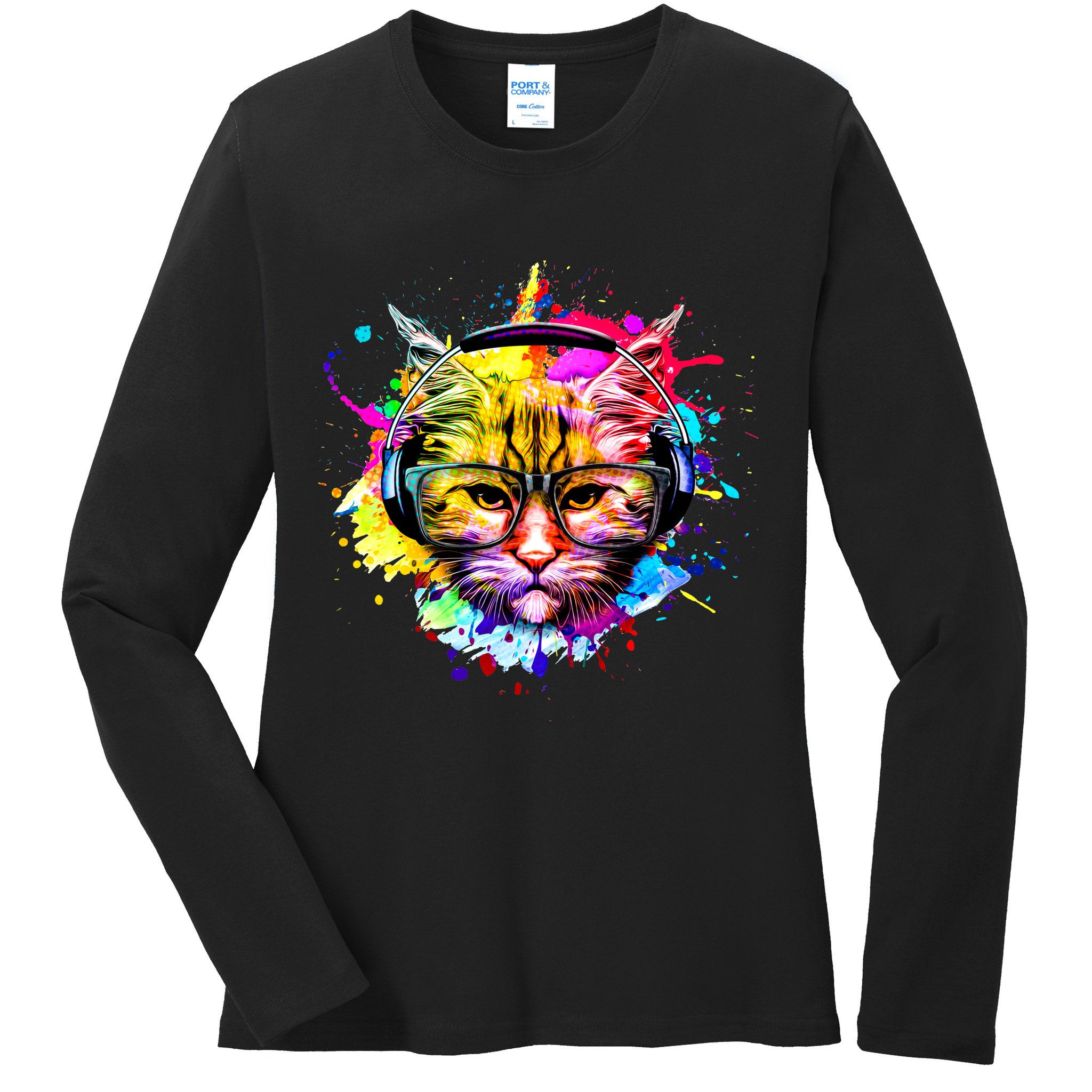 Rainbow Paint Hipster DJ Cat Ladies Long Sleeve Shirt