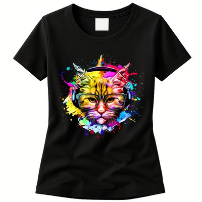 Rainbow Paint Hipster DJ Cat Womens T-Shirt