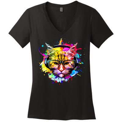 Rainbow Paint Hipster DJ Cat Women's V-Neck T-Shirt