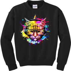 Rainbow Paint Hipster DJ Cat Kids Sweatshirt