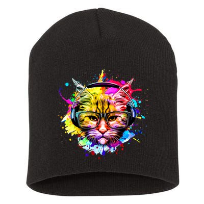 Rainbow Paint Hipster DJ Cat Short Acrylic Beanie