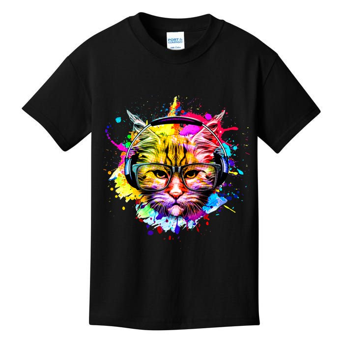 Rainbow Paint Hipster DJ Cat Kids T-Shirt