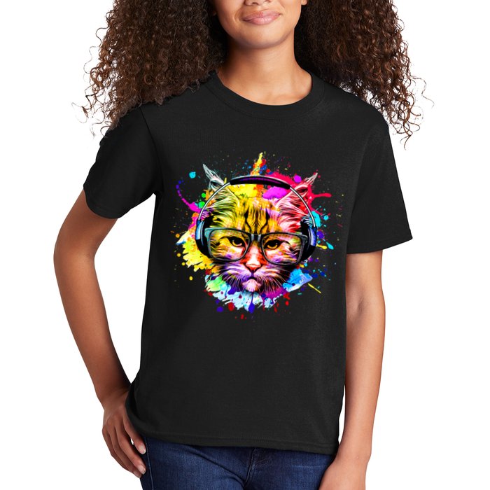 Rainbow Paint Hipster DJ Cat Kids T-Shirt