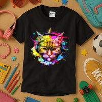 Rainbow Paint Hipster DJ Cat Kids T-Shirt