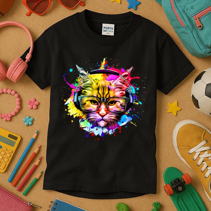 Rainbow Paint Hipster DJ Cat Kids T-Shirt