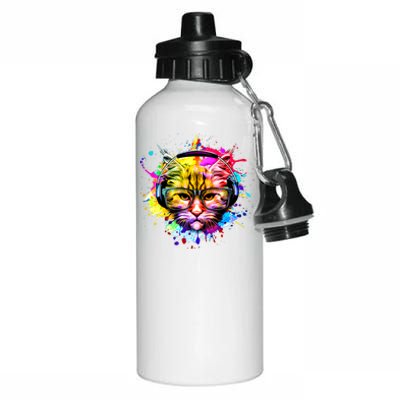 Rainbow Paint Hipster DJ Cat Aluminum Water Bottle 