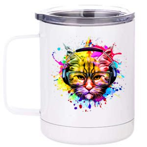 Rainbow Paint Hipster DJ Cat 12 oz Stainless Steel Tumbler Cup