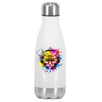 Rainbow Paint Hipster DJ Cat Stainless Steel Insulated Water Bottle