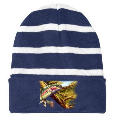 Rainbow Trout Fishing Striped Beanie with Solid Band