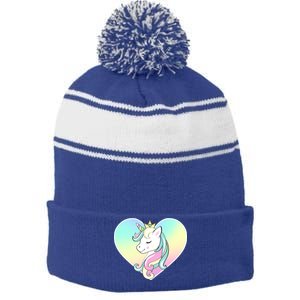 Rainbow Unicorn Heart Stripe Pom Pom Beanie