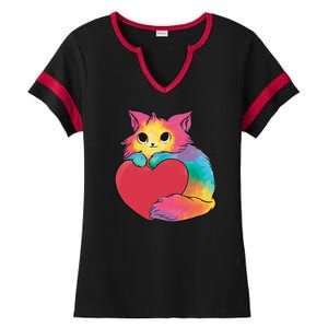 Rainbow Valentine Kitten Ladies Halftime Notch Neck Tee