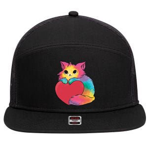 Rainbow Valentine Kitten 7 Panel Mesh Trucker Snapback Hat