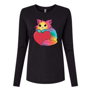 Rainbow Valentine Kitten Womens Cotton Relaxed Long Sleeve T-Shirt