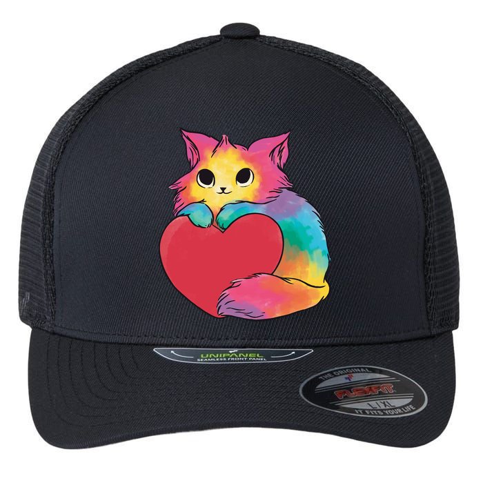 Rainbow Valentine Kitten Flexfit Unipanel Trucker Cap