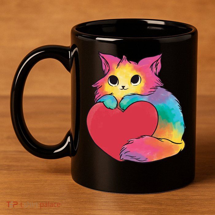 Rainbow Valentine Kitten 11oz C Handle Ceramic Mug