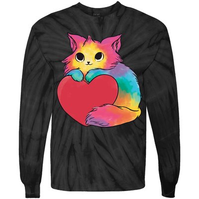 Rainbow Valentine Kitten Tie-Dye Long Sleeve Shirt