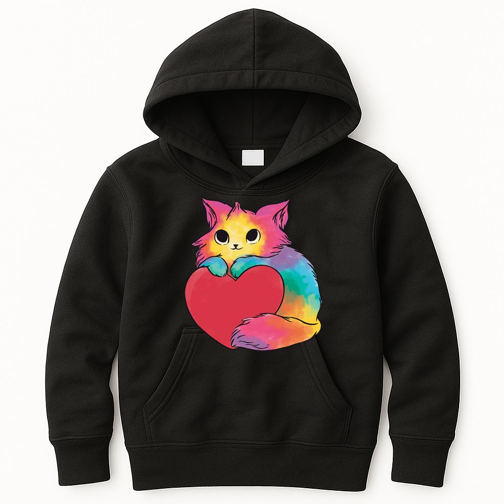 Rainbow Valentine Kitten Kids Hoodie