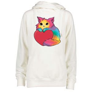 Rainbow Valentine Kitten Womens Funnel Neck Pullover Hood