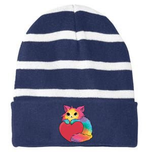 Rainbow Valentine Kitten Striped Beanie with Solid Band